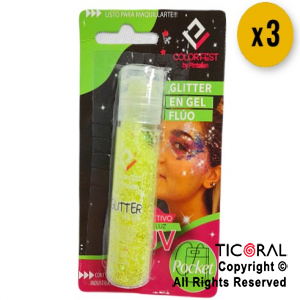 GLITTER EN GEL PELO ROSTRO CUERPO AMARILLO FLUO 855-01 X 20 GR x 3